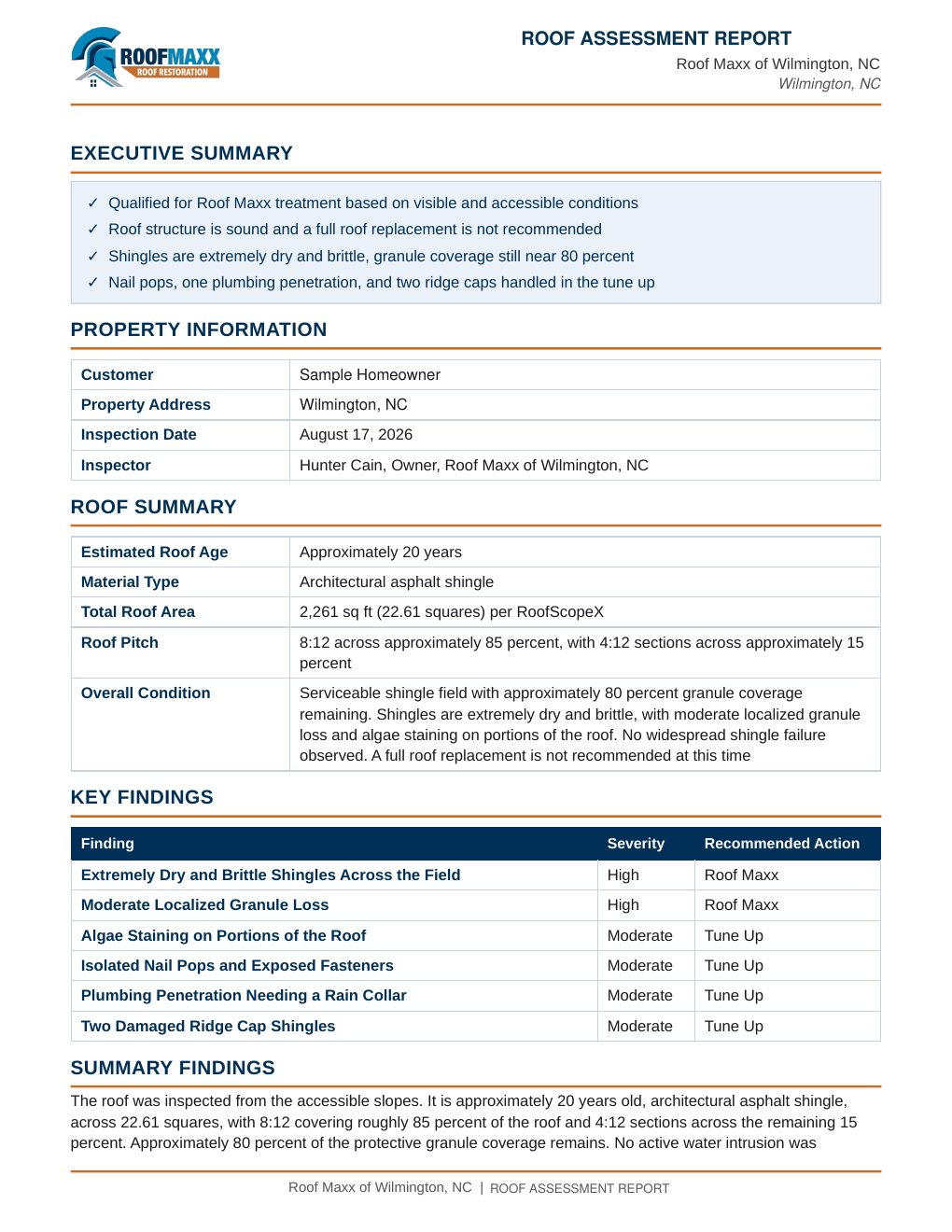 Sample Roof Assessment Report